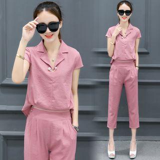 Set: Faux Pearl Short Sleeve Shirt + Cropped Pants