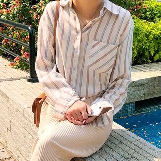 Long-sleeve Striped Shirt Coffee - One Size