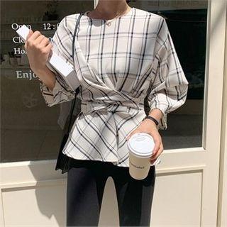 Elbow-sleeve Tie-waist A-line Blouse Ivory - One Size
