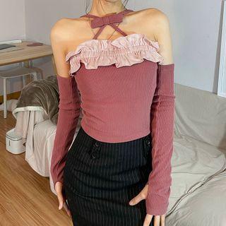 Set: Halter Ruffled Camisole Top + Oversleeves