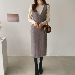 V-neck Herringbone Overall Dress