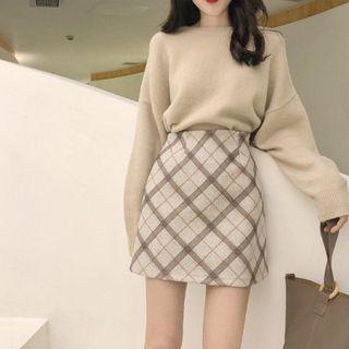 Mock-neck Sweater / Plaid Mini Pencil Skirt / Set