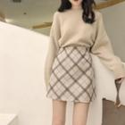 Mock-neck Sweater / Plaid Mini Pencil Skirt / Set