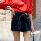 Tie-waist Distressed Wide-leg Shorts