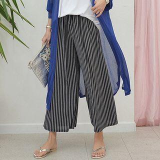 Elasticized-waist Striped Wide-leg Pants Black - One Size