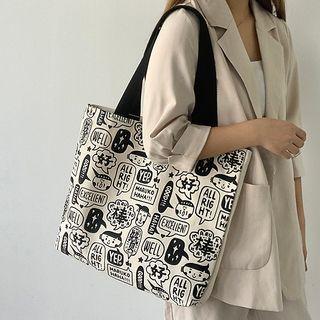 Cartoon Print Canvas Tote Bag Speech Bubble - Black & White - One Size