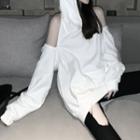 Cold Shoulder Plain Hoodie White - One Size