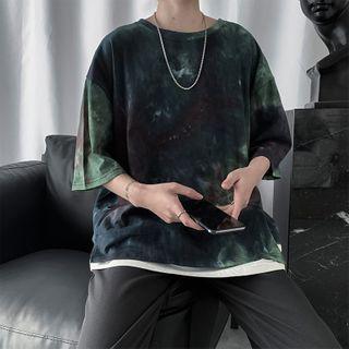 Mock Two-piece Tie-dye Elbow-sleeve T-shirt