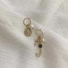 Non-matching Faux Pearl Rhinestone Seahorse Dangle Earring Gold - One Size