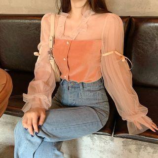 Mesh Panel Lantern-sleeve Blouse