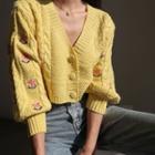 Embroidered V-neck Long-sleeve Cardigan Yellow - One Size