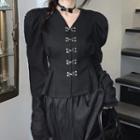 V-neck Plain Cropped Blouse Black - One Size