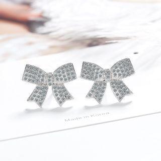 Rhinestone Ribbon Stud Earring 1 Pair - Silver - One Size