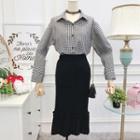 Set: Plaid Shirt + Knit Skirt Black - One Size