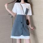 Short-sleeve Color Block T-shirt / High-waist A-line Skirt