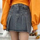 Pintuck Patch-pocket Denim Miniskirt With Inset Shorts