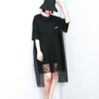 Mesh Panel Elbow-sleeve T-shirt Dress Black - One Size