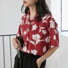 Elbow-sleeve Floral Print Open-collar Chiffon Shirt
