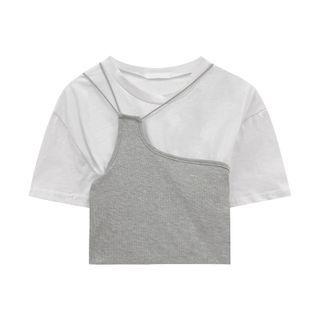 Short-sleeve Mock Two-piece T-shirt White & Gray - One Size