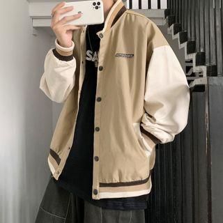 Color Block Letter Printed Long-sleeve Baseball Jacket