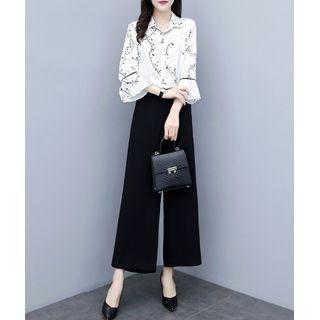 Set: 3/4-sleeve Print Blouse + Wide-leg Pants