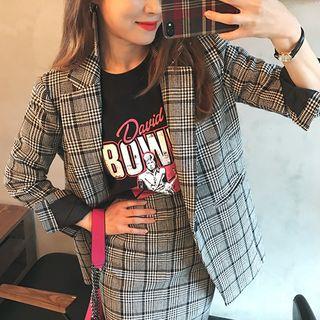 Slit-cuff One-button Herringbone Blazer