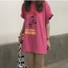 Elbow-sleeve Cartoon Print T-shirt Dark Pink - One Size