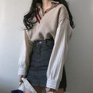 Striped Shirt / V-neck Knit Vest / Mini Denim Skirt