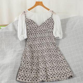 Set: Short-sleeve Blouse + Spaghetti Strap Mini A-line Dress Set - White Blouse & Spaghetti Strap Dress - Print - Coffee - One Size