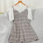 Set: Short-sleeve Blouse + Spaghetti Strap Mini A-line Dress Set - White Blouse & Spaghetti Strap Dress - Print - Coffee - One Size