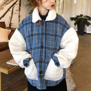 Fleece Panel Plaid Buttoned Jacket