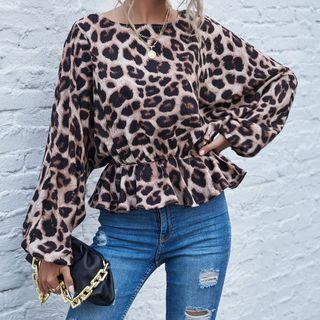 Long-sleeve Leopard Print Ruffle Hem Blouse