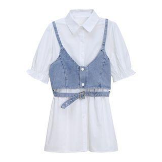 Set: Short-sleeve Shirt + Denim Camisole Top Set Of 2 - Shirt & Camisole - White - One Size