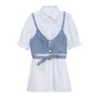 Set: Short-sleeve Shirt + Denim Camisole Top Set Of 2 - Shirt & Camisole - White - One Size