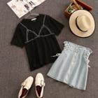 Set: Rhinestone Short-sleeve T-shirt + Lace Up Denim Mini A-line Skirt