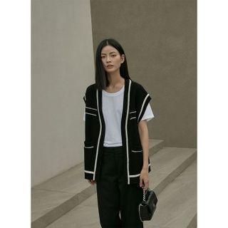 Open-front Contrast-trim Knit Vest Black - One Size