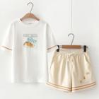 Cat Print Elbow-sleeve T-shirt / High-waist Shorts / Set