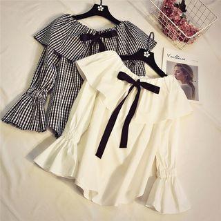 Ribbon Detail Gingham Off-shoulder Long-sleeve Blouse