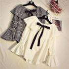 Ribbon Detail Gingham Off-shoulder Long-sleeve Blouse