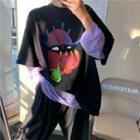 Printed Elbow-sleeve T-shirt / Long-sleeve Mesh Top