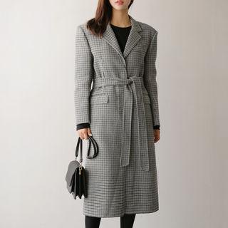 Hidden-button Checked Coat With Sash