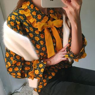 Frilled Rose Print Blouse With Sash