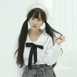 Round-collar Corduroy Blouse With Tie White - One Size