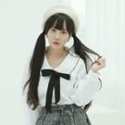 Round-collar Corduroy Blouse With Tie White - One Size