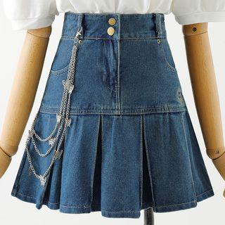 Short-sleeve Blouse / Denim A-line Skirt With Chain