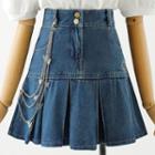 Short-sleeve Blouse / Denim A-line Skirt With Chain