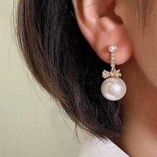 Faux Pearl Bow Rhinestone Dangle Earring 1 Pair - Gold & Silver - One Size