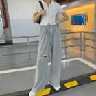 Short-sleeve Zip-up Polo Knit Top / Ripped Wide Leg Pants