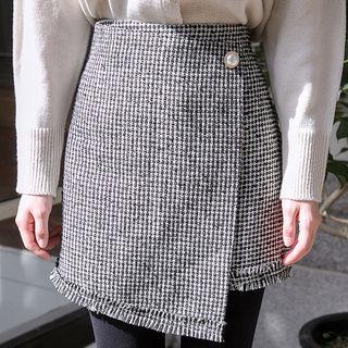 Fringed Tweed Mini Wrap Skirt