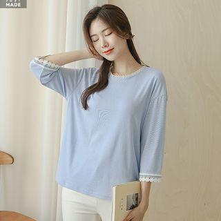 Lace-trim Pastel Textured T-shirt